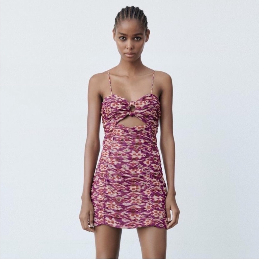 NWT ZARA Dress Purple Printed Ruched Draped Metallic Front Cut Out Mini